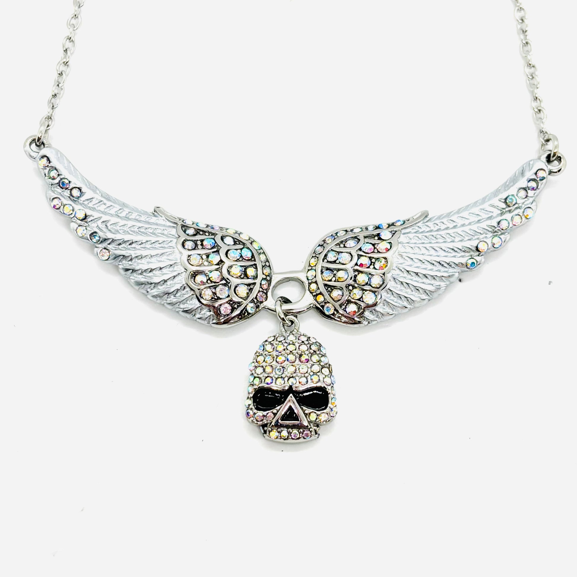SK2307 Small White Painted Winged Necklace With Skull Iridescent Imitation Crystals Necklaces