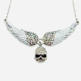 SK2307 Small White Painted Winged Necklace With Skull Iridescent Imitation Crystals Necklaces