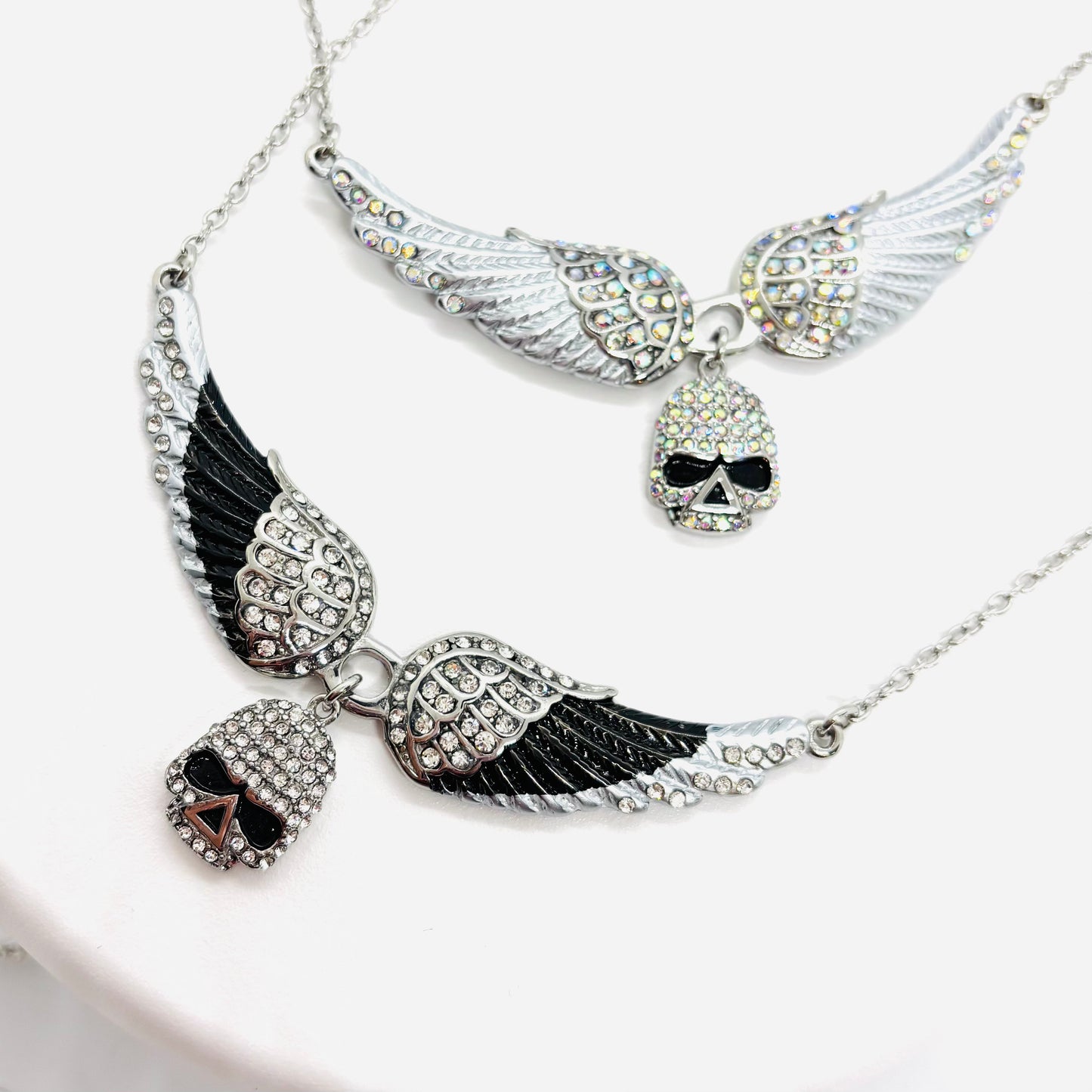 SK2306 Small Black Painted Winged Necklace With Skull White Imitation Crystals Necklaces