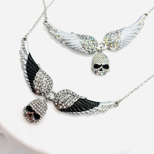 SK2307 Small White Painted Winged Necklace With Skull Iridescent Imitation Crystals Necklaces