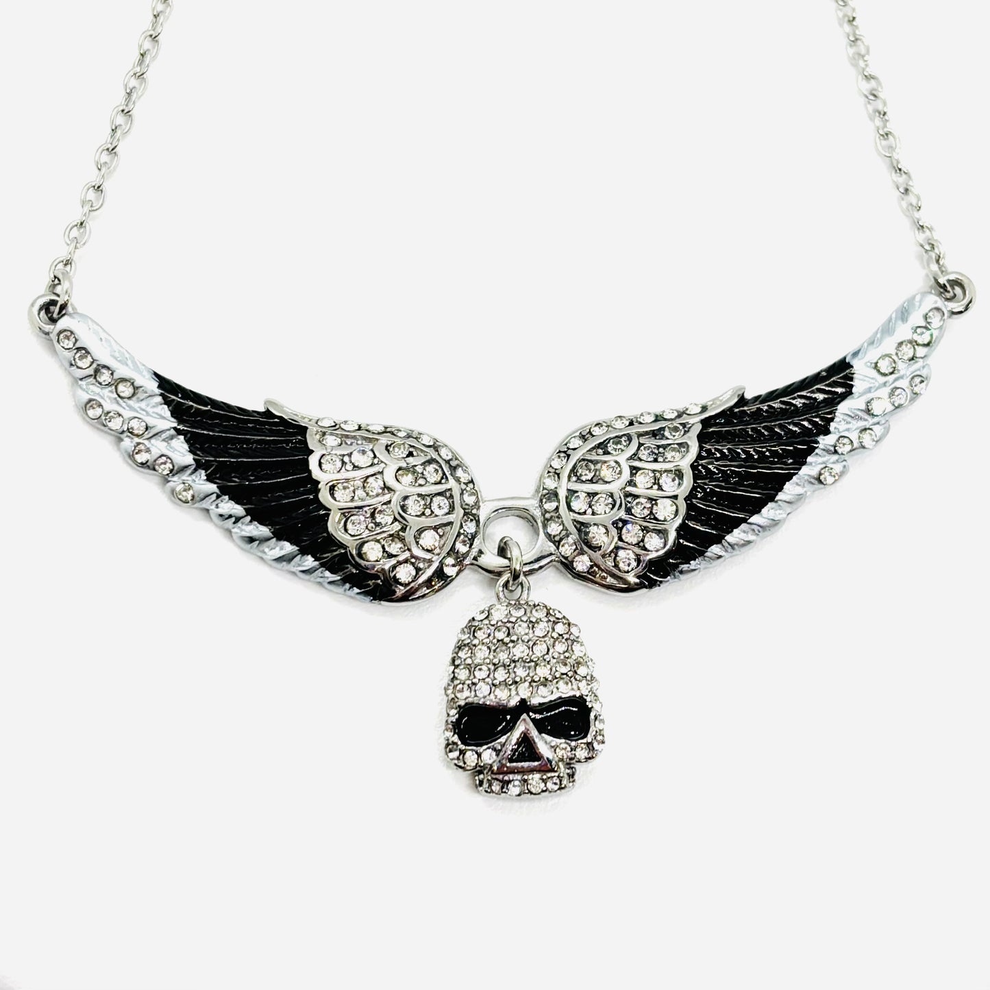 SK2306 Small Black Painted Winged Necklace With Skull White Imitation Crystals Necklaces