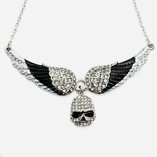 SK2306 Small Black Painted Winged Necklace With Skull White Imitation Crystals Necklaces