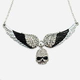 SK2306 Small Black Painted Winged Necklace With Skull White Imitation Crystals Necklaces