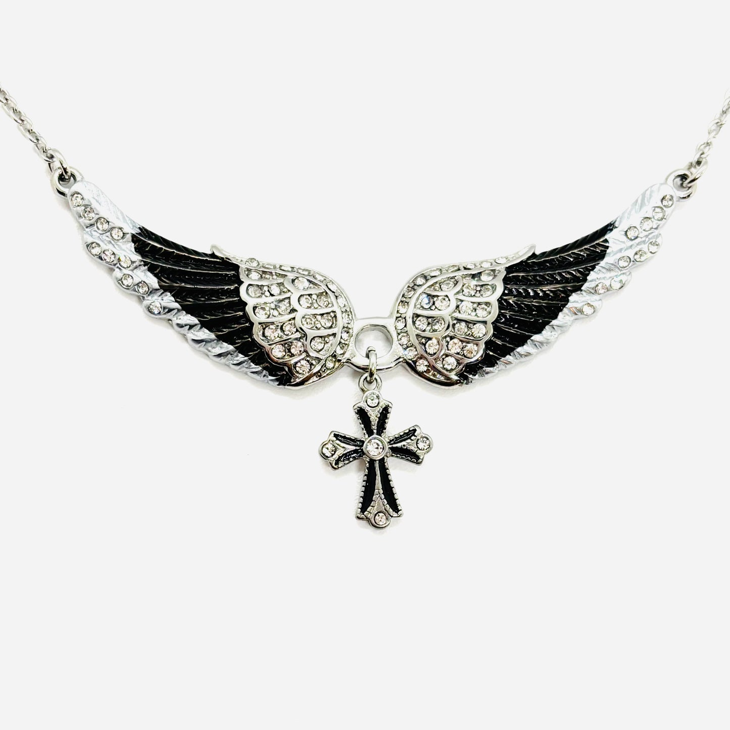 SK2323 Small Black Painted Winged Necklace With Cross White Imitation Crystals Necklaces