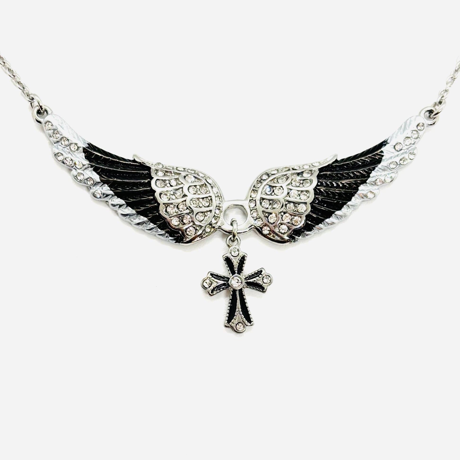 SK2323 Small Black Painted Winged Necklace With Cross White Imitation Crystals Necklaces