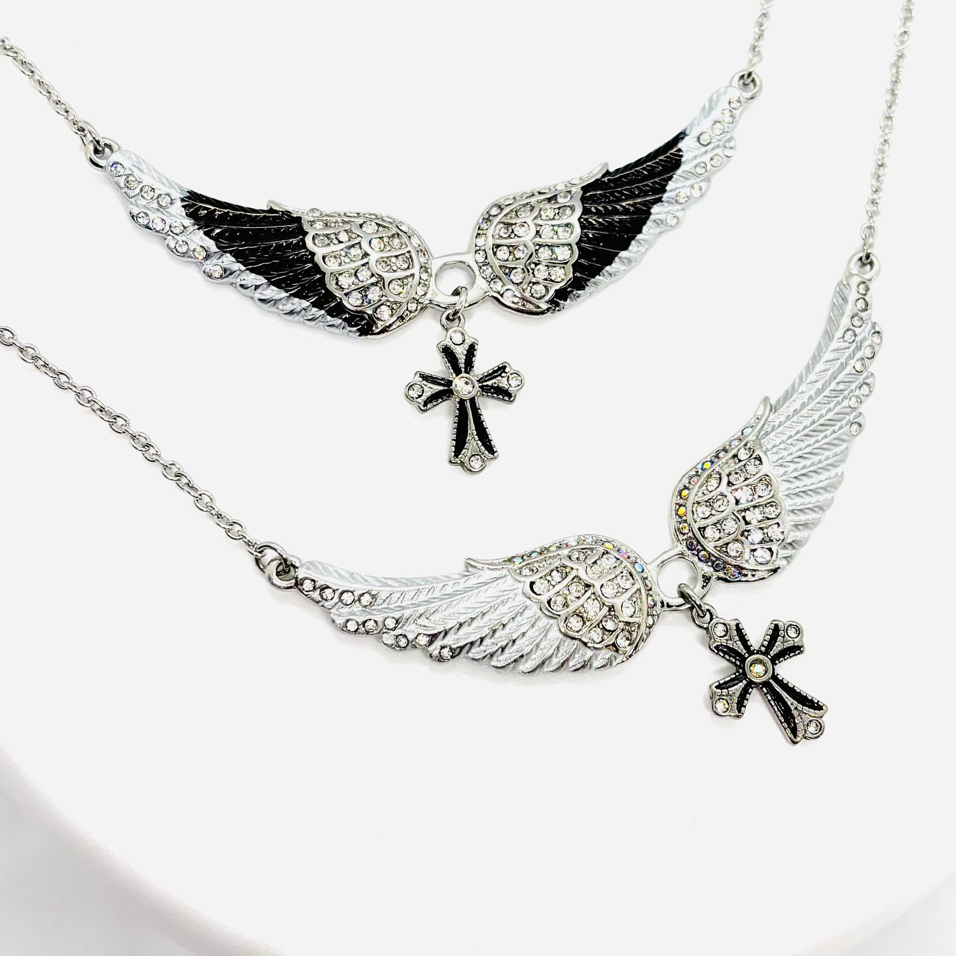 SK2324 Small White Painted Winged Necklace With Cross Pink Imitation Crystals Necklaces