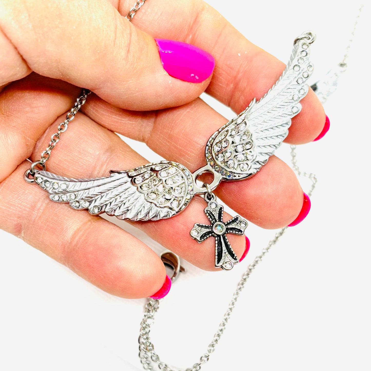 SK2323 Small Black Painted Winged Necklace With Cross White Imitation Crystals Necklaces