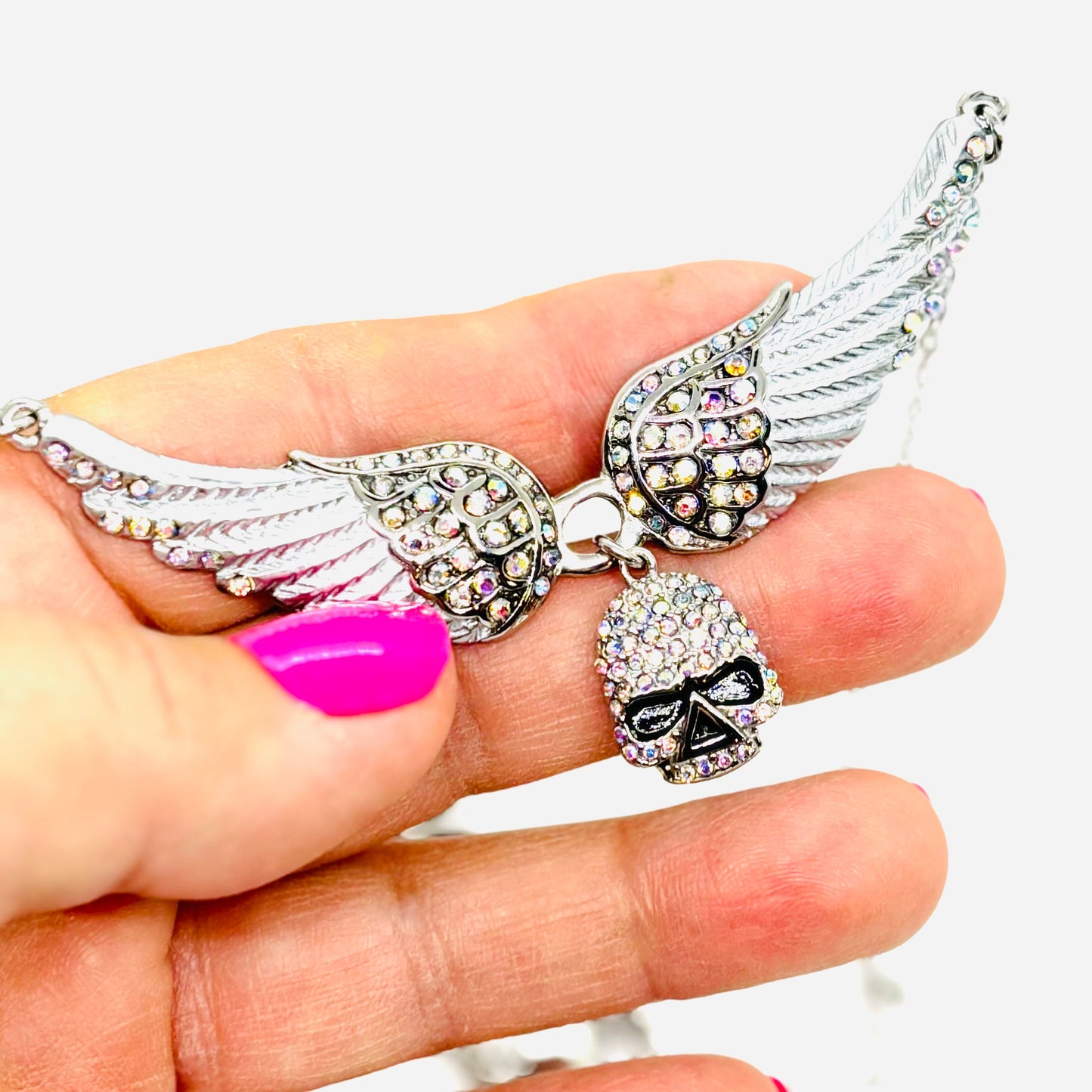 SK2306 Small Black Painted Winged Necklace With Skull White Imitation Crystals Necklaces