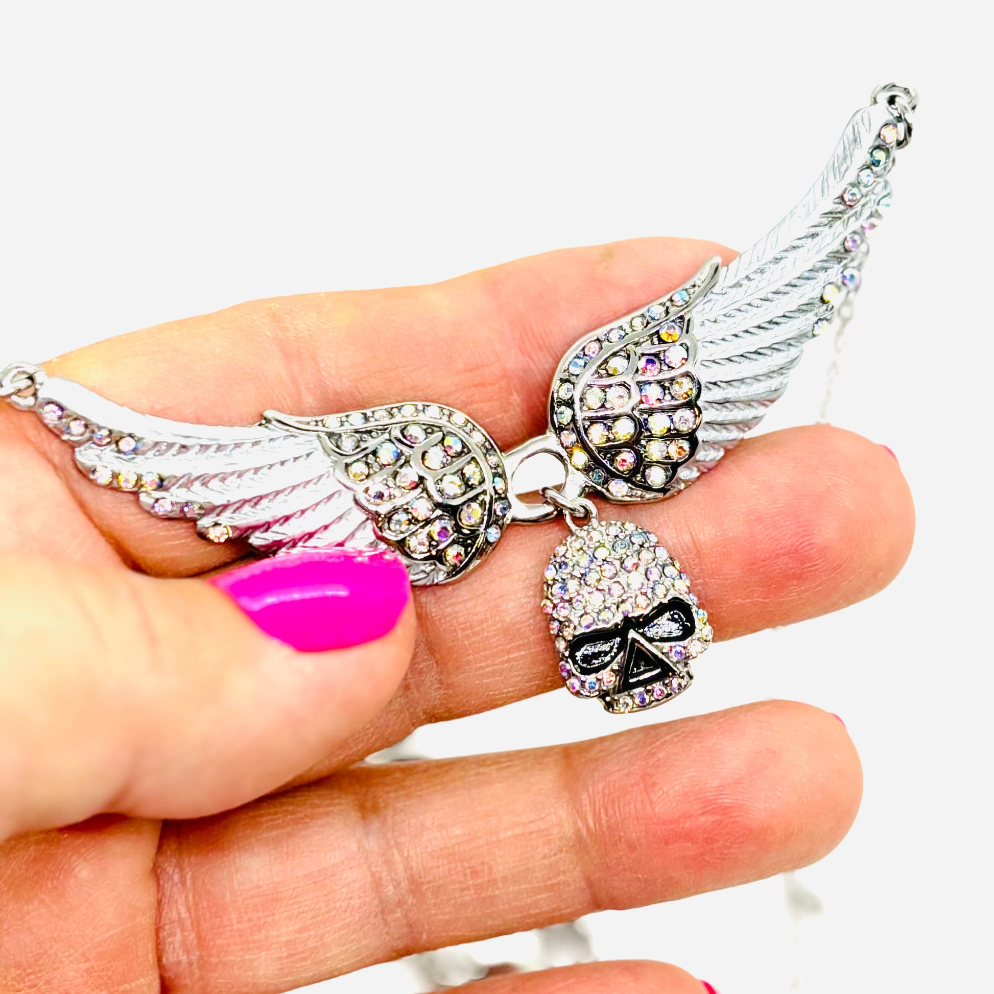 SK2306 Small Black Painted Winged Necklace With Skull White Imitation Crystals Necklaces