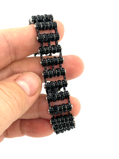 Sk2800 3/4 Wide Double Wide Mini Size Black With Black Crystal Center - Stainless Steel Motorcycle