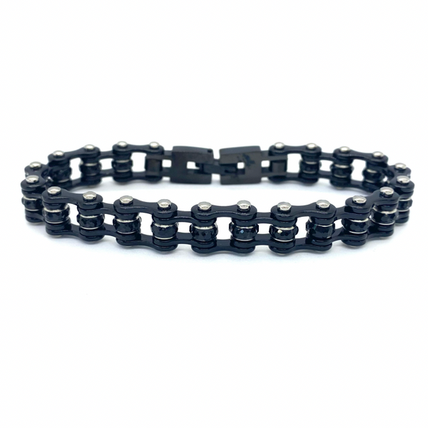 Two Tone Silver and Black Bike Chain Bracelet with White Crystals  Vance  Leather