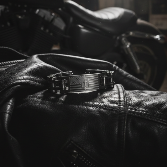 Men’s Cross Badge Bracelet – Gunmetal 3/4" Stainless Steel Motorcycle Faith Bracelet