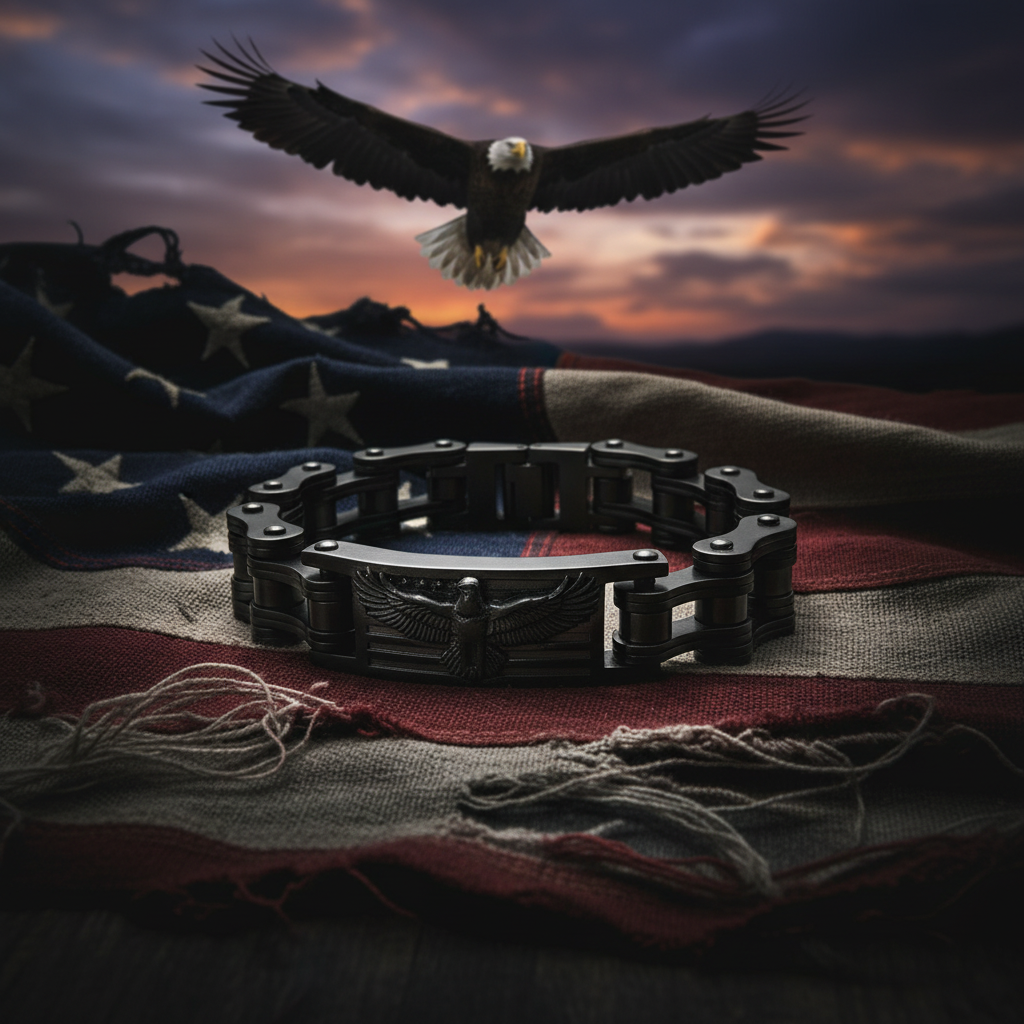 Men’s Eagle Badge Bracelet – Gunmetal 3/4" Stainless Steel Motorcycle Biker Bracelet