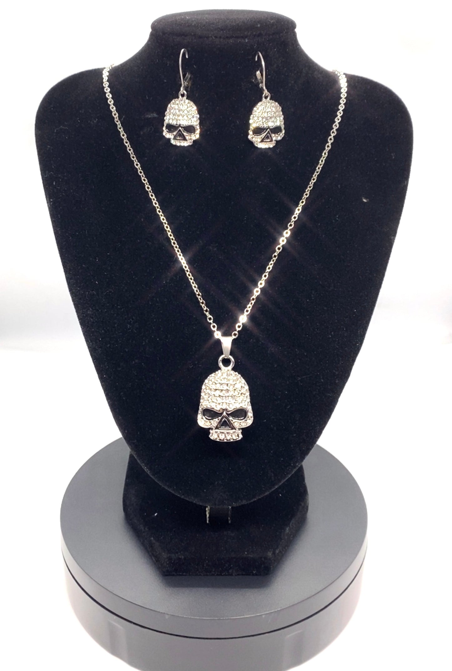 Sk1704S Necklace Earrings Set - Ladies Bling Skull Pendant With 19 Stainless Steel Motorcycle