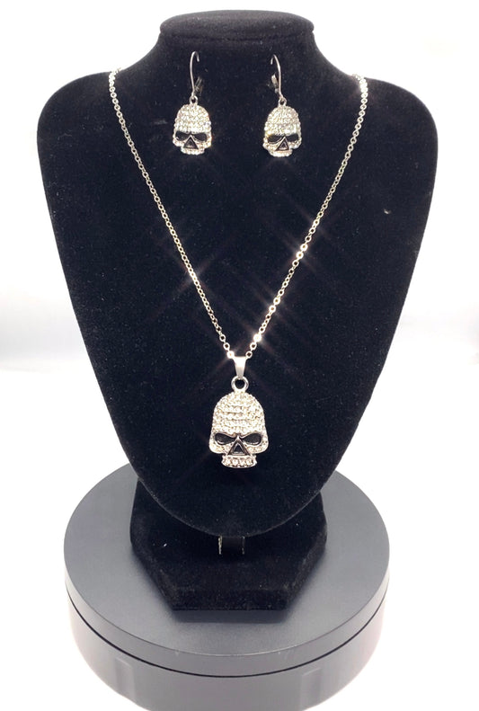 Sk1704S Necklace Earrings Set - Ladies Bling Skull Pendant With 19 Stainless Steel Motorcycle