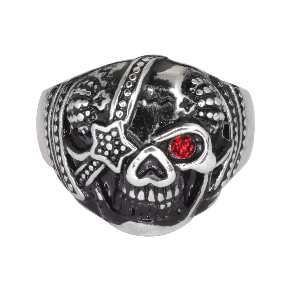 Sk1014 Gents Eye Patch Skull Ring Imitation Ruby Stone In Stainless Steel Motorcycle Biker Jewelry