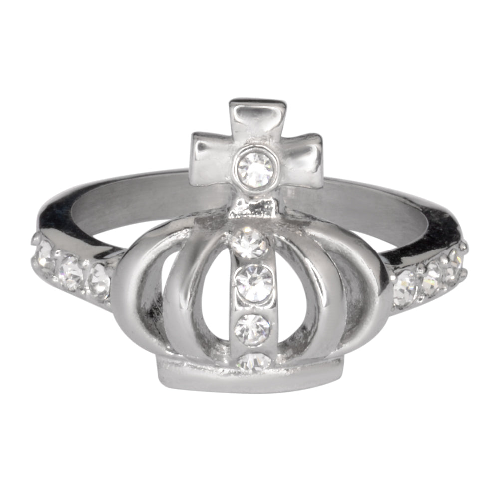 Sk1031 Ladies Imitation Diamond Crown With Cross Ring Stainless Steel Motorcycle Jewelry Sizes 5-9