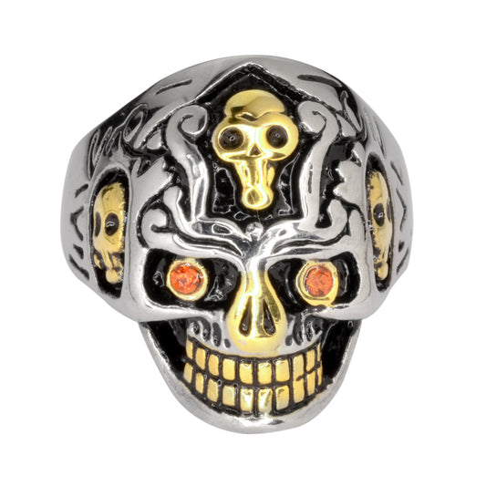 Sk1033 Gents Holy Toledo Skull Ring With Red Stone Eyes Stainless Steel Motorcycle Biker Jewelry