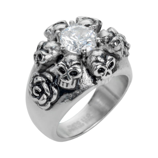 Sk1049 Ladies Six Skull & Roses Imitation Diamond Ring Stainless Steel Motorcycle Jewelry Size 5 -