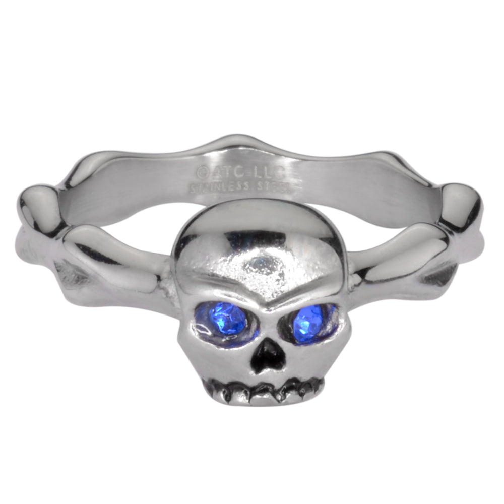 Sk1052 Ladies Blue Eyed Skull Bones Ring Stainless Steel Motorcycle Jewelry Sizes 5-9 Rings