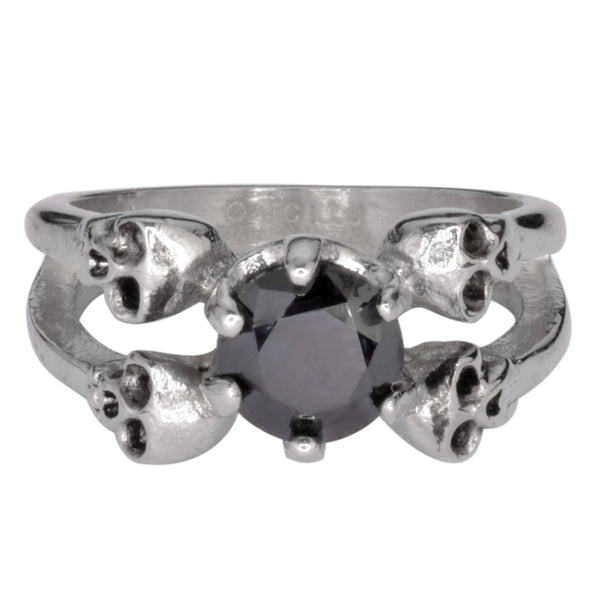 Sk1055 Ladies Black Stone Four Solitaire Skull Ring Stainless Steel Motorcycle Jewelry Sizes 5-10