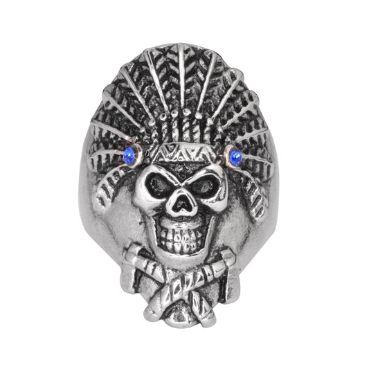 Sk1071 Indian Headdress Blue Stones In Eyes Stainless Steel Motorcycle Jewelry Size 9-15 Rings