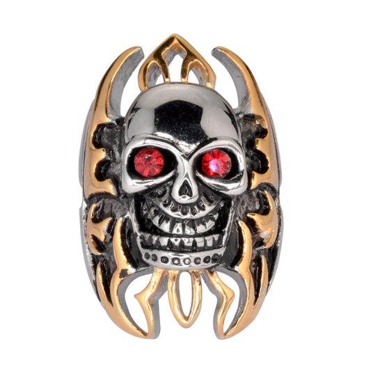 Sk1078 Skull Flames Gold Tone Ring 1 1/2’’ Tall Imitation Rubt Eyes Stainless Steel Motorcycle