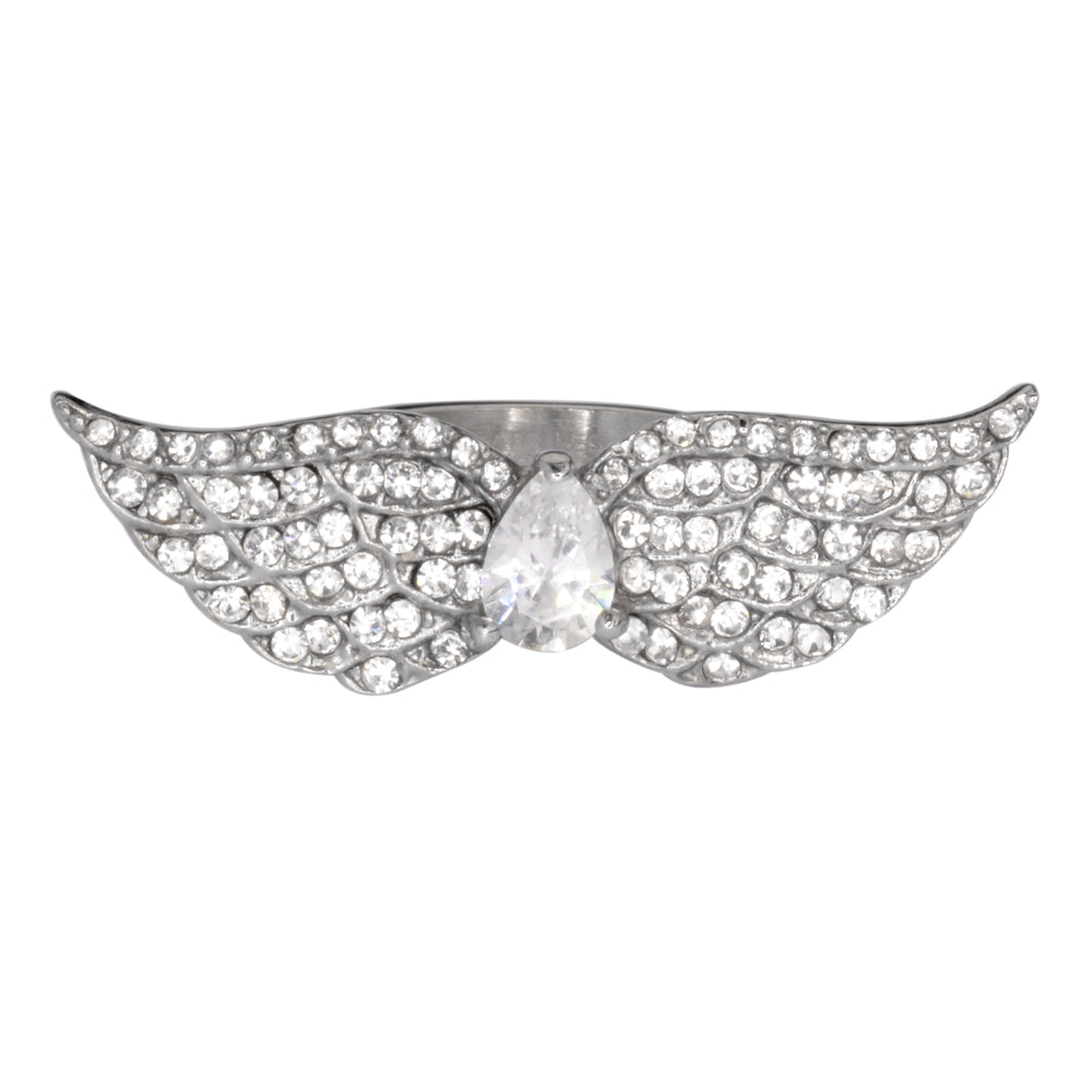 Sk1080 Wings White Crystal Pear Center Ring Stainless Steel Motorcycle Jewelry Size 6-10 Rings