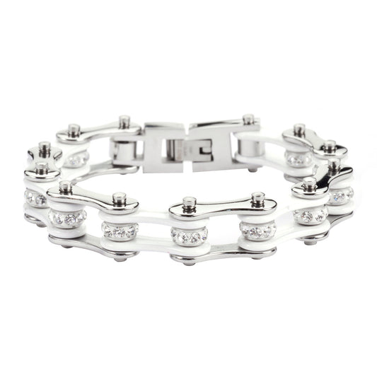 Sk1100 1/2’’ Wide Two Tone Silver White With Crystal Centers Stainless Steel Motorcycle Bike