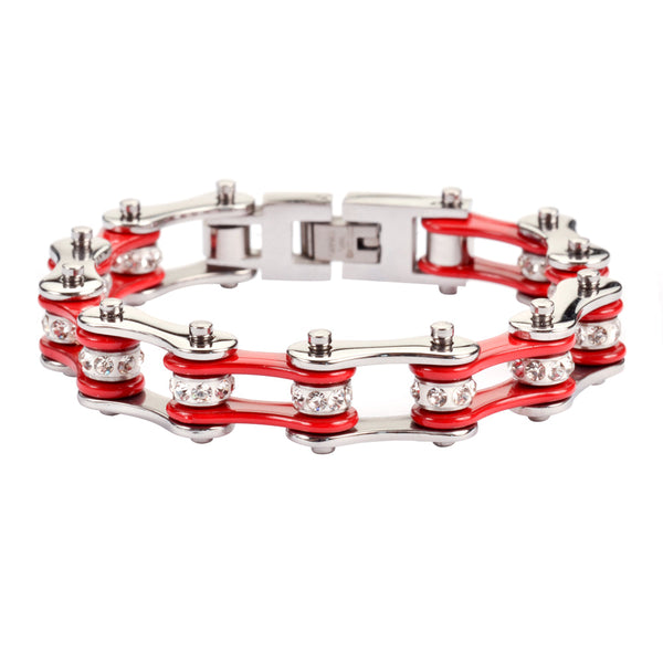 Sk1101 1/2’’ Wide Two Tone Silver Red With White Crystal Centers Stainless Steel Motorcycle