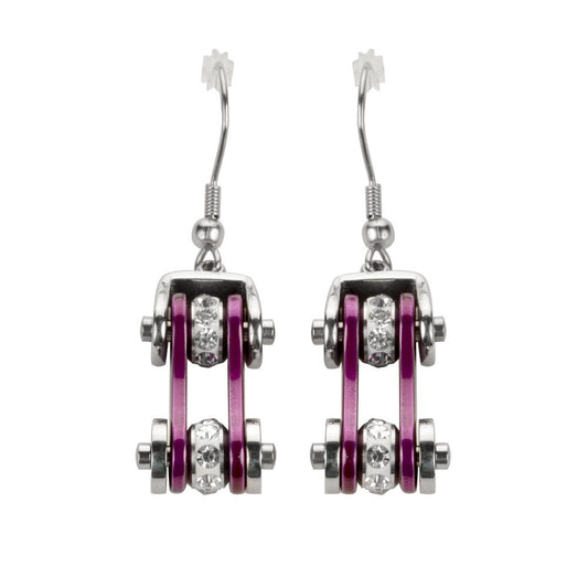Sk1103E Two Tone Silver Candy Purple Crystal Centers Bike Chain Earrings Stainless Steel Motorcycle