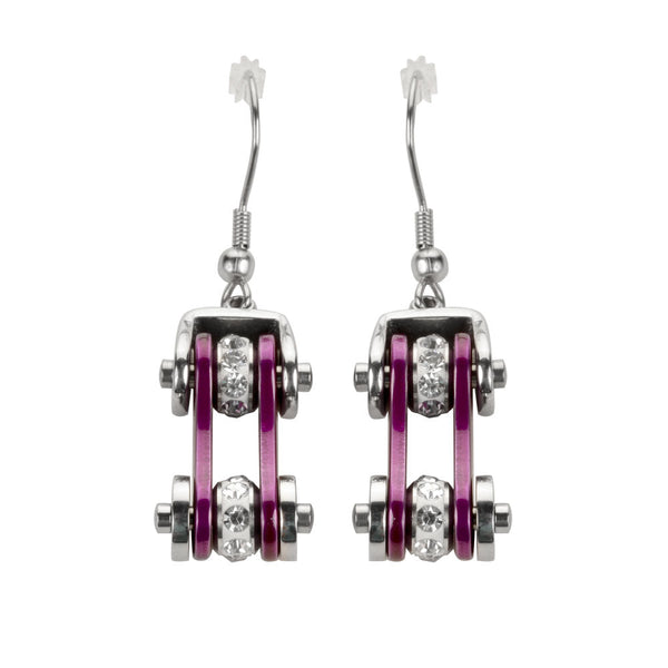 Sk1103E Two Tone Silver Candy Purple Crystal Centers Bike Chain Earrings Stainless Steel Motorcycle