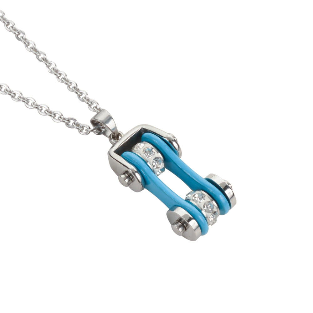 Sk1104N Ladies Bike Chain Silver Turquoise Crystal Bling Necklace 19’’ Stainless Steel
