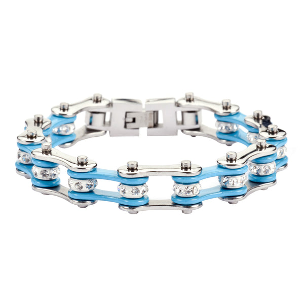 Sk1104 1/2’’ Wide Two Tone Silver Turquoise With White Crystal Centers Stainless Steel