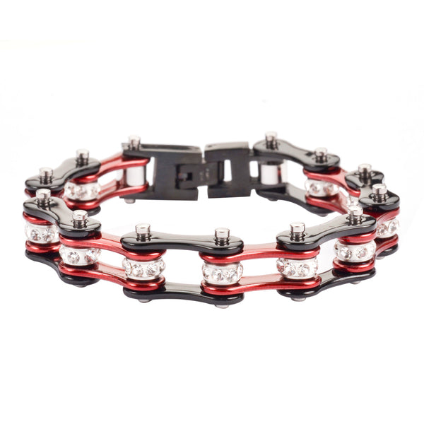 Sk1106 1/2’’ Wide Two Tone Black Candy Red With White Crystal Centers Ladies Bracelets