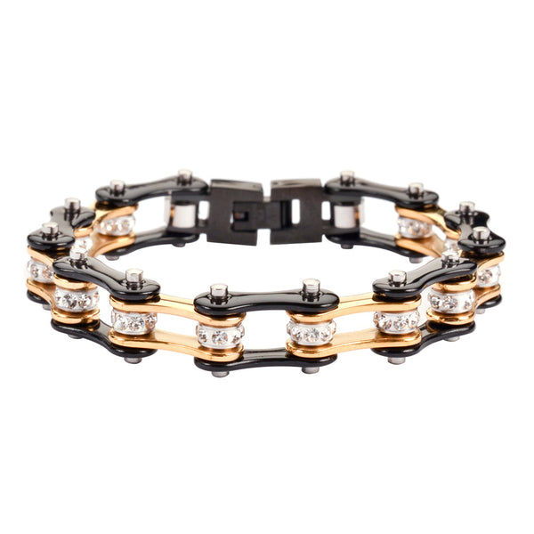 Sk1113 Two Tone Gold Black With White Crystal Centers Ladies Bracelets