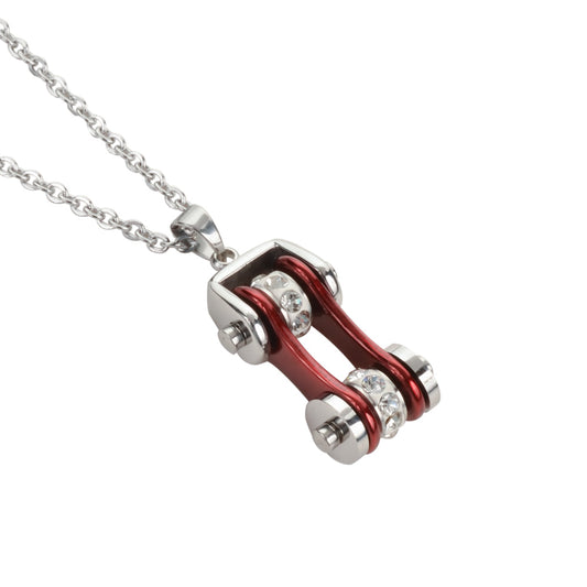 Sk1114N Ladies Bike Chain Pendant Silver Candy Red Crystal Bling Necklace 19’’ Stainless Steel