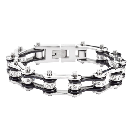 SK1116 Two Tone Silver Black Crystal Centers Stainless Steel Motorcycle Bike Chain Bracelet Ladies Bracelets