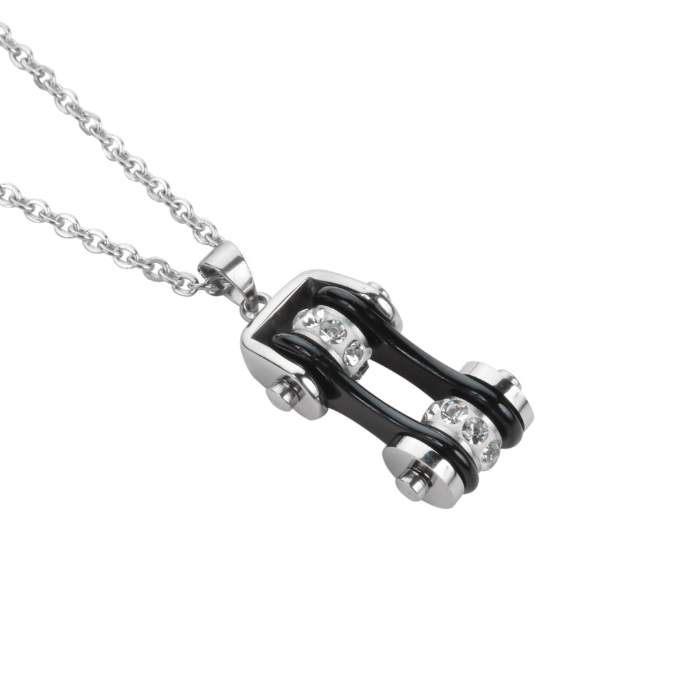 Sk1116N Ladies Bike Chain Silver Black Crystal Bling Necklace 19’’ Stainless Steel Motorcycle