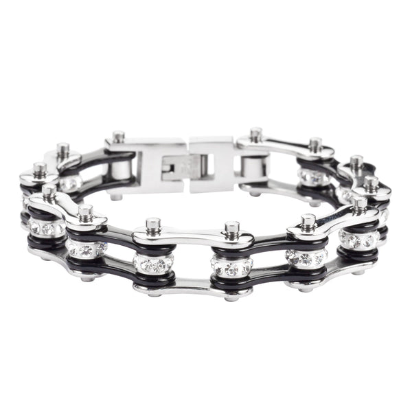 SK1116 Two Tone Silver Black Crystal Centers Stainless Steel Motorcycle Bike Chain Bracelet Ladies Bracelets