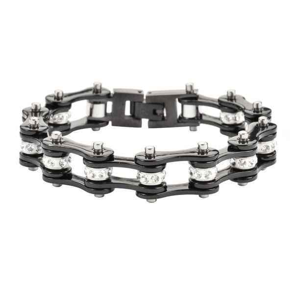 Sk1117 1/2’’ Wide All Black With White Crystal Centers Stainless Steel Motorcycle Bike Chain