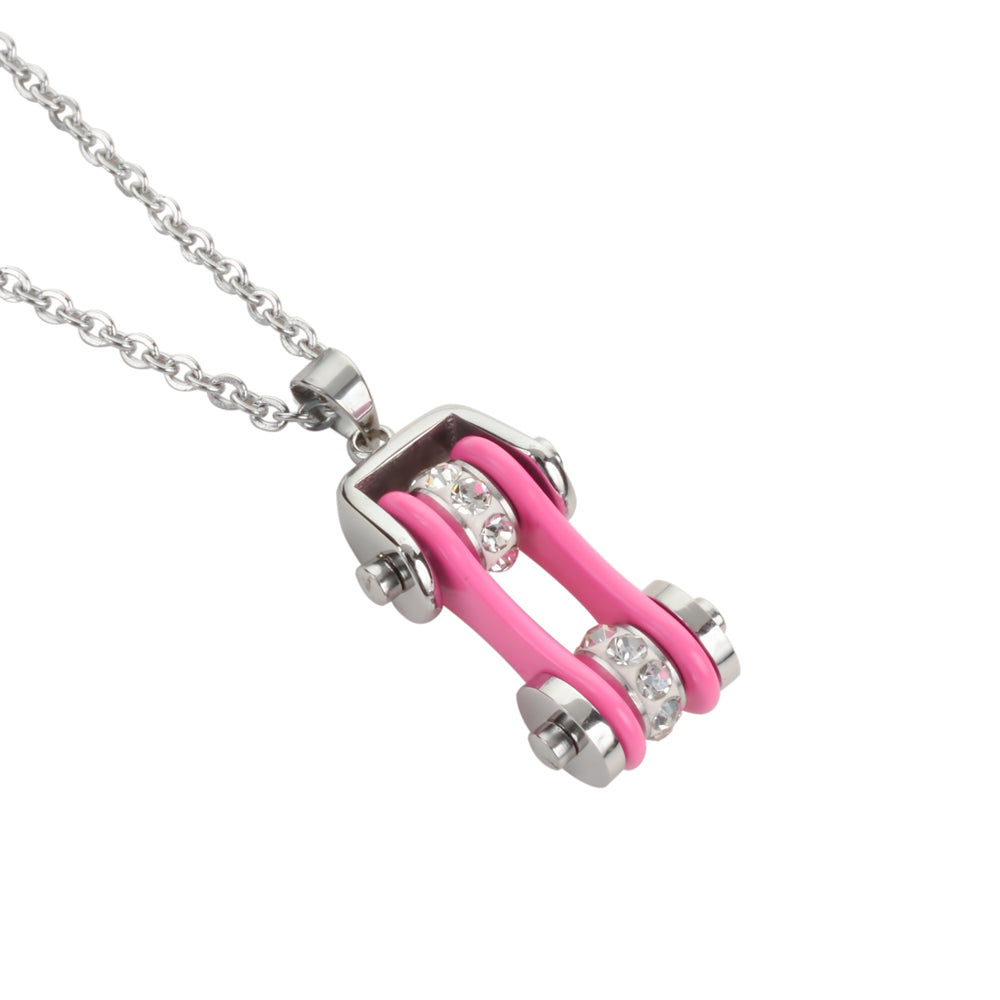 Sk1118N Ladies Bike Chain Silver Hot Pink Crystal Bling Necklace 19’’ Stainless Steel