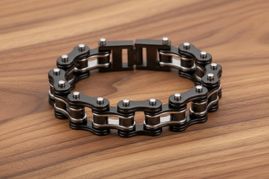 SK1125 Men's Two-Tone Double Link Motorcycle Chain Bracelet - 3/4" Wide