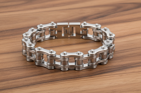 SK1128 Silver Double Link Bike Chain Bracelet - 3/4" Wide