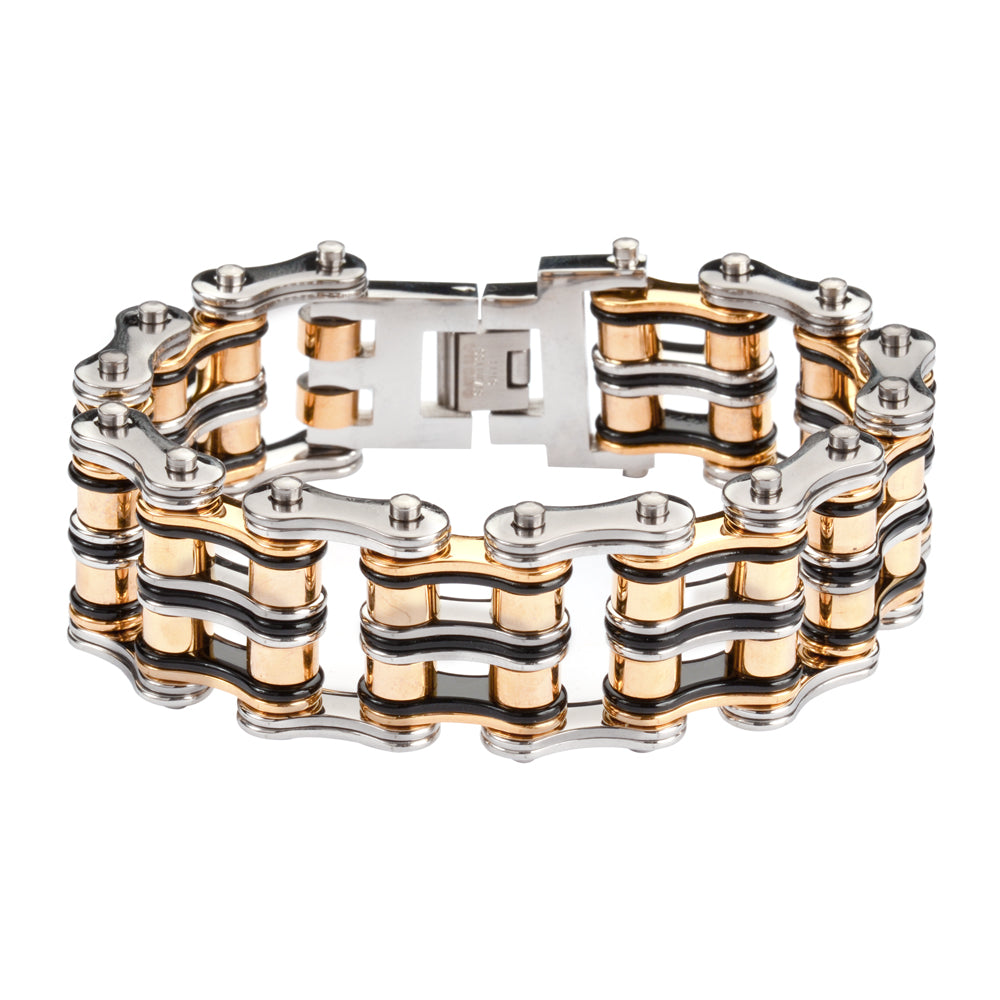 Sk1130 1’’ Wide Tri-Color Black Silver Gold Unisex Stainless Steel Motorcycle Chain Bracelet
