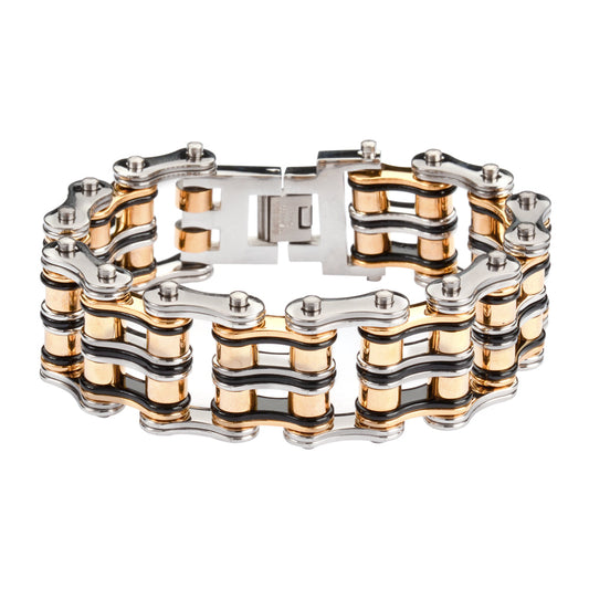 Sk1130 1’’ Wide Tri-Color Black Silver Gold Unisex Stainless Steel Motorcycle Chain Bracelet