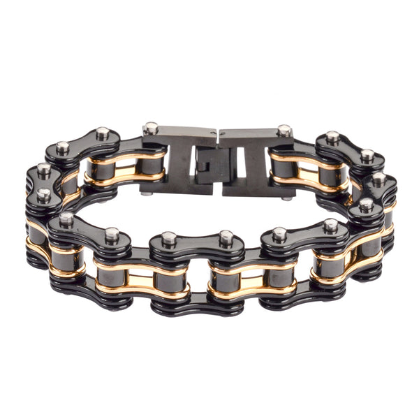 Sk1155 Two Tone Black Gold 3/4’’ Wide Double Link Design Unisex Stainless Steel Motorcycle