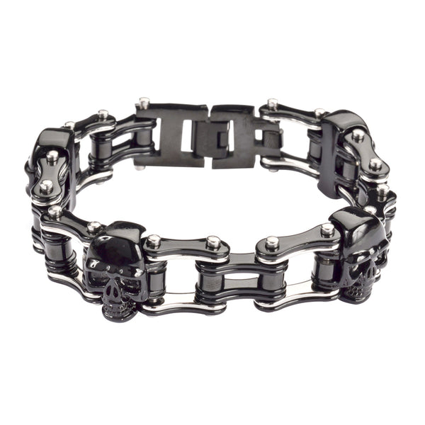 Sk1160 Two Tone Black Silver 3/4’’ Wide With Skulls Unisex Stainless Steel Motorcycle Skull