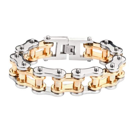 Sk1182 Stainless Gold Rollers 3/4’’ Wide Thick Link Men’s Steel Motorcycle Chain Bracelet