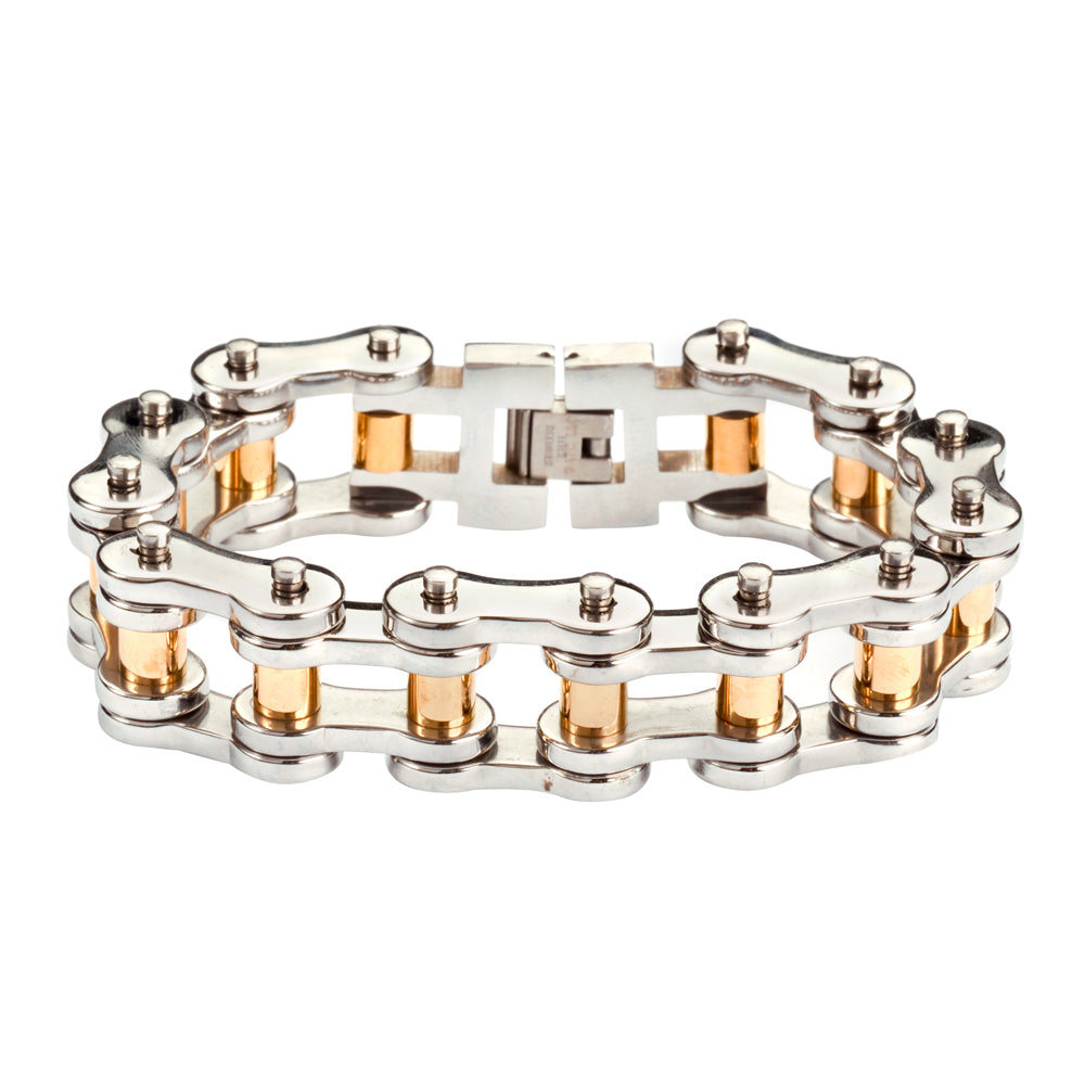 Sk1187 Stainless Gold Rollers 3/4’’ Wide Thick Link Men’s Steel Motorcycle Chain Bracelet